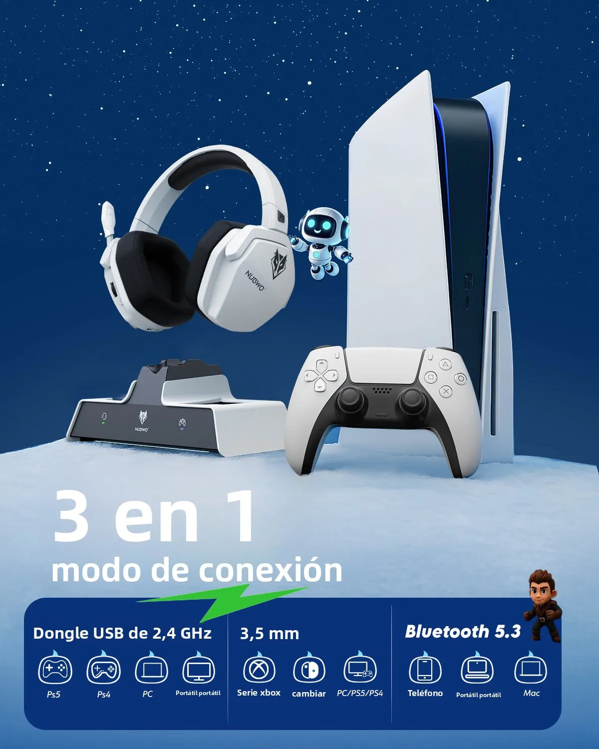 Auriculares inalámbricos para juegos NUBWO G06 con estación de carga para auriculares y control de PS5, auriculares para juegos con batería de larga duración