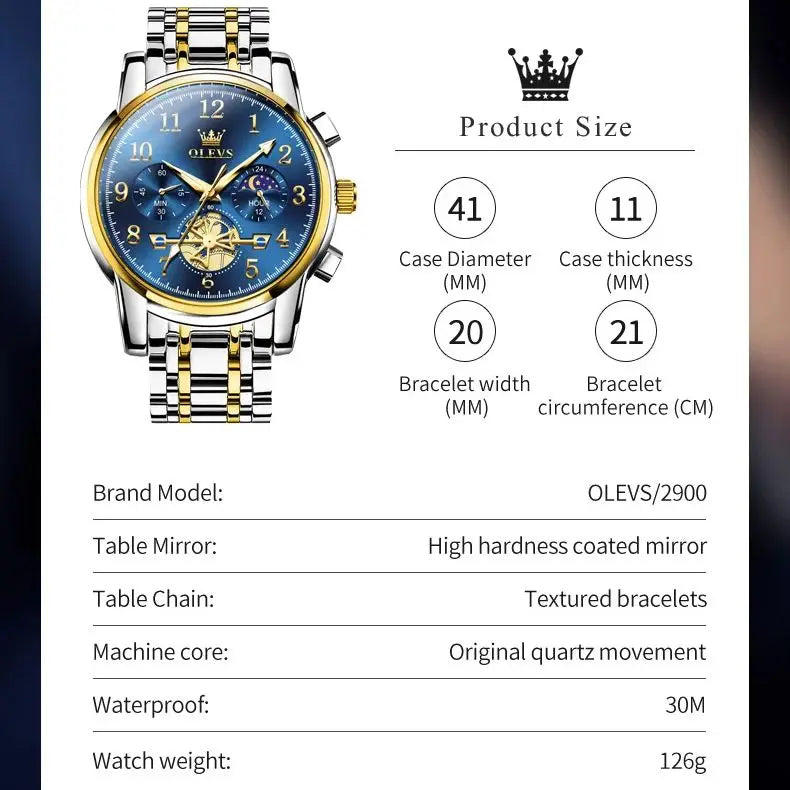 Reloj OLEVS 2900 de fase lunar para hombre, de acero inoxidable, resistente al agua, luminoso, a la moda, esqueleto, cronógrafo, reloj de cuarzo para hombre, NUEVO