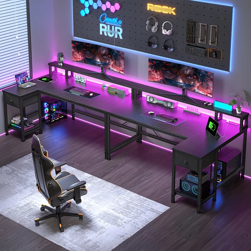 Escritorio en L negro con soporte para monitor, cajones y luces LED, para oficina en casa