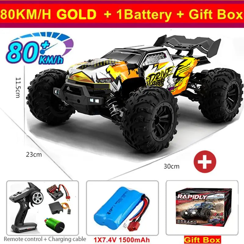 Coches RC de 50 u 80 km/h, escala 1/16, todoterreno, derrape, 4WD con LED, control remoto 2.4G, camión monstruo impermeable, regalo de juguete para adultos y niños