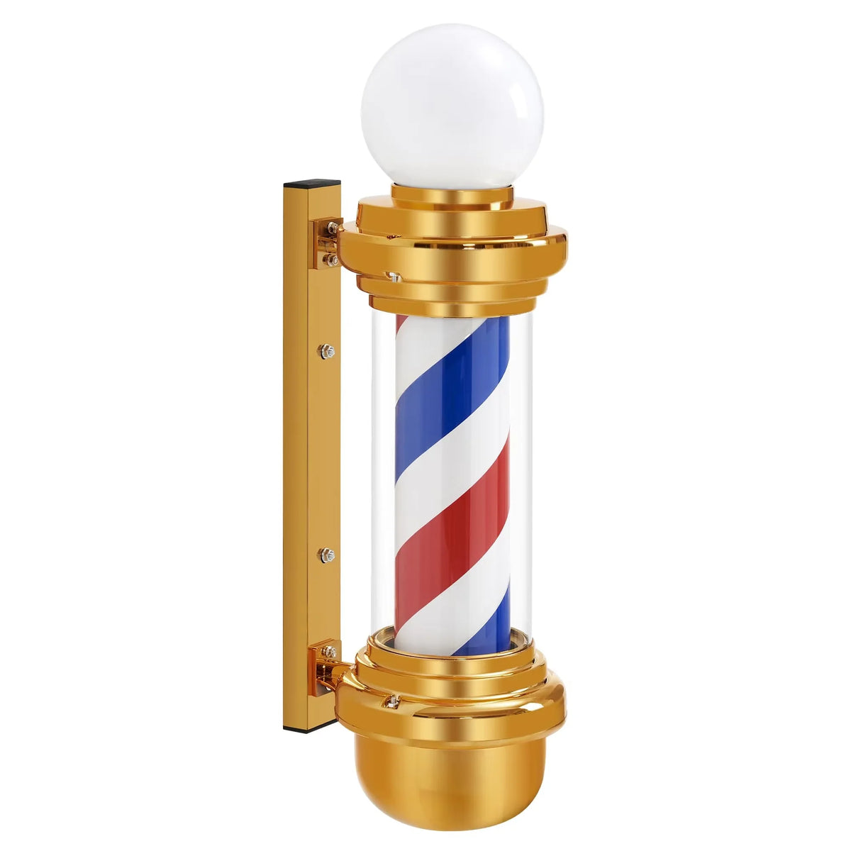 Luz LED para pared tipo poste de barbero dorado con bombilla y franjas rojo/azul
