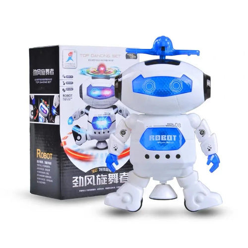 Robot bailarín blanco con brazos azules y luces LED en el pecho, con empaque