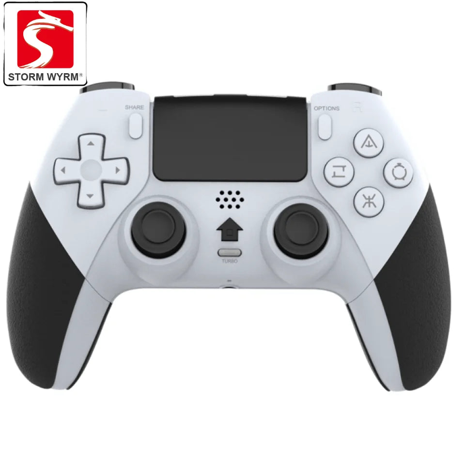 Mando inalámbrico blanco con cruceta y botones frontales, pantalla central