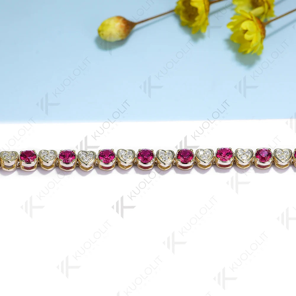 Kuololit Pulsera de tenis de rubí cultivada en laboratorio para mujeres y hombres, pulsera de moissanita de oro amarillo sólido de 18 quilates, 14 quilates, 10 quilates, 585 para regalos de navidad