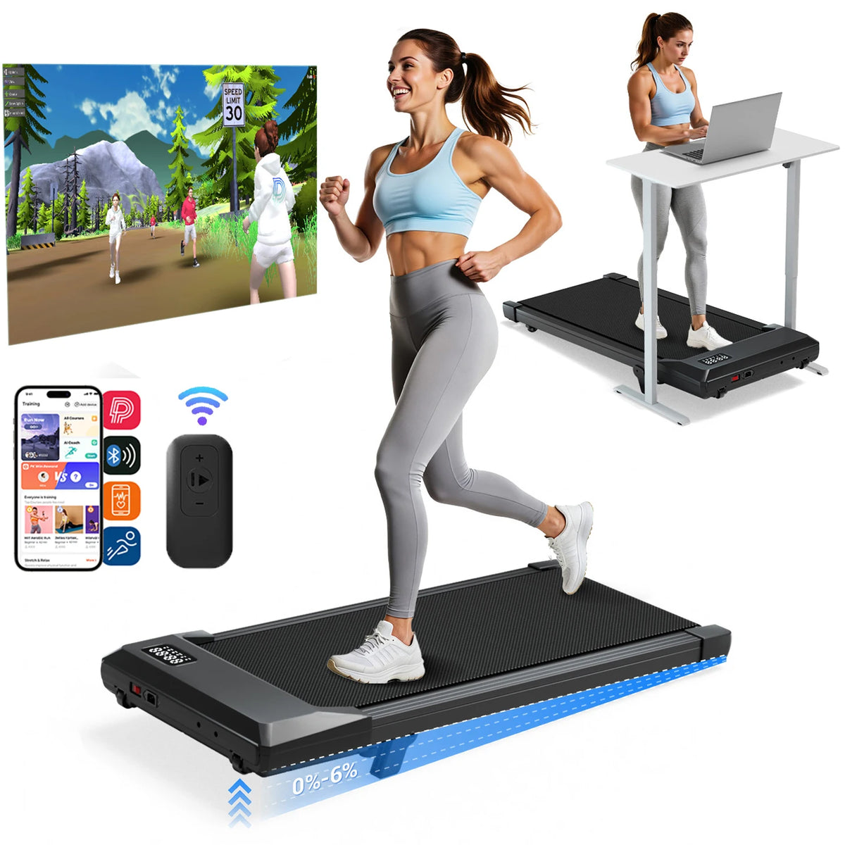 Caminadora Plegable Bajo Escritorio con Inclinación del 6%, 2.5 HP, Silenciosa, Portátil, con Control Remoto, Pantalla LED, 300LBS, Caminadora para Ejercicio