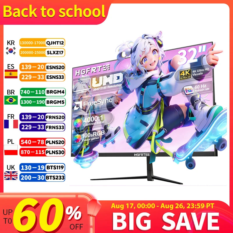 Monitor de pantalla plana UHD 4K de 32 pulgadas HGFRTEE, panel VA de 3840x2160, AMD FreeSync, pantalla de juegos sin marco con luz azul baja y VESA