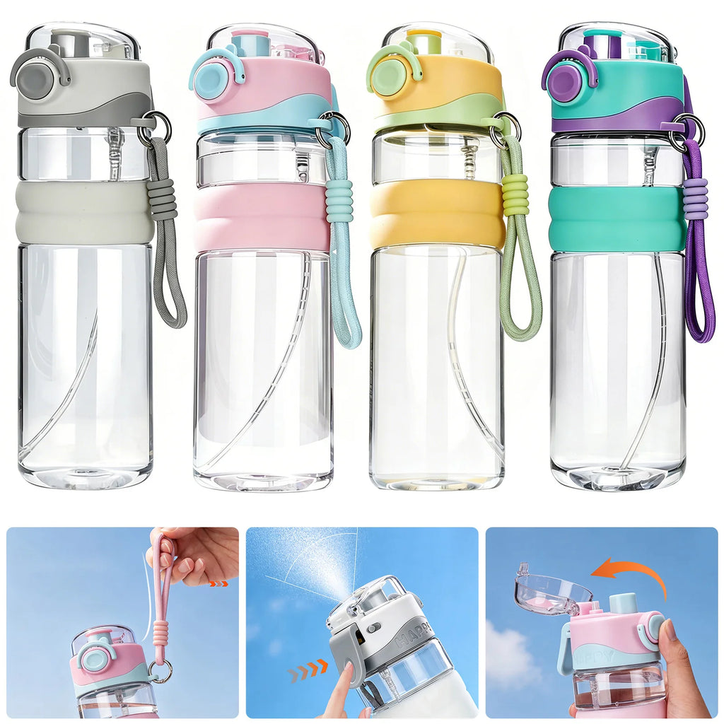 Botella de agua para niños de 750 ml, botella de agua deportiva con pulverizador y pajita, botellas de agua portátiles para viajes al aire libre, oficina, caminatas