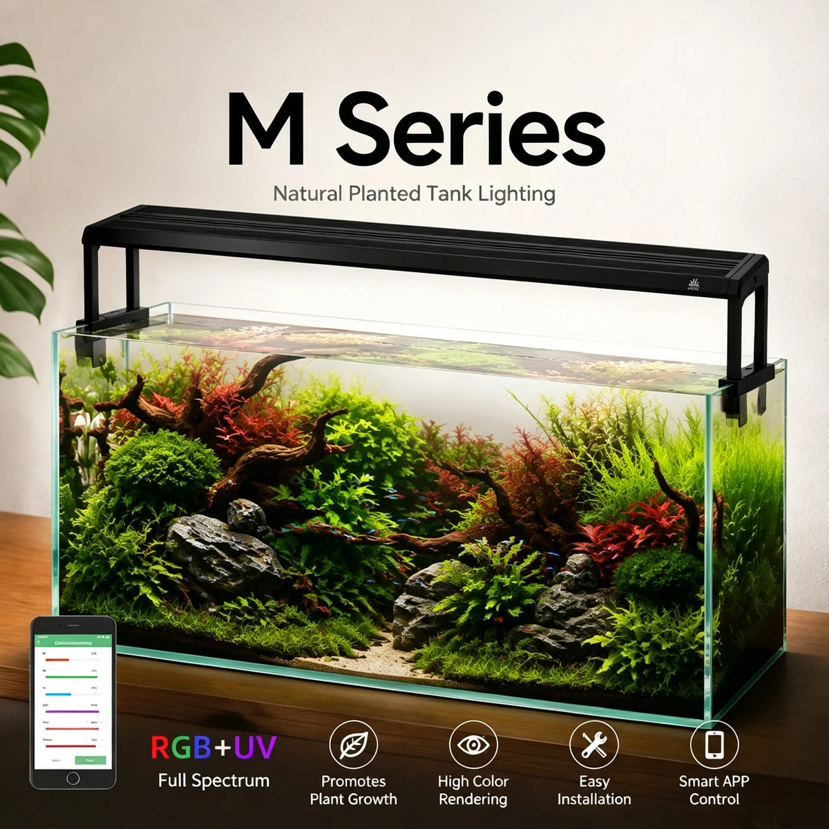 Lámpara LED de espectro completo RGB+UV WEEK AQUA serie M V3 con soporte extensible, control por APP para acuarios plantados y peceras