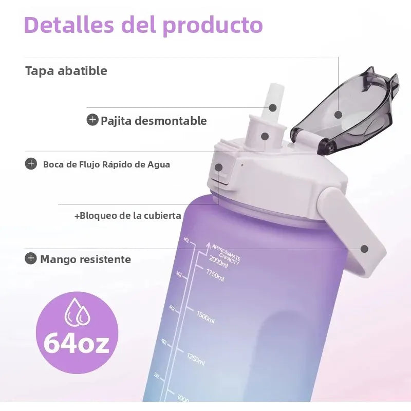 Botella de agua de 2L con pajita, botella de agua deportiva de gran capacidad, botella portátil para viajes, fitness y deportes con marcador de tiempo.