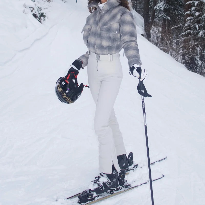 Traje de esquí de una pieza para mujer, cuello alto, cortavientos, con cremallera, cinturón, cintura alta, ajuste delgado, mono de nieve, novedad de invierno