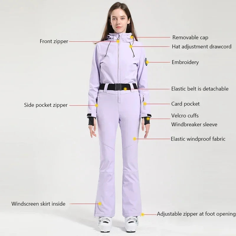 Traje de esquí ajustado para mujer, mono Cálido impermeable a prueba de viento, conjunto de esquí de una pieza, ropa de invierno, chaqueta de Snowboard, monos, 2025