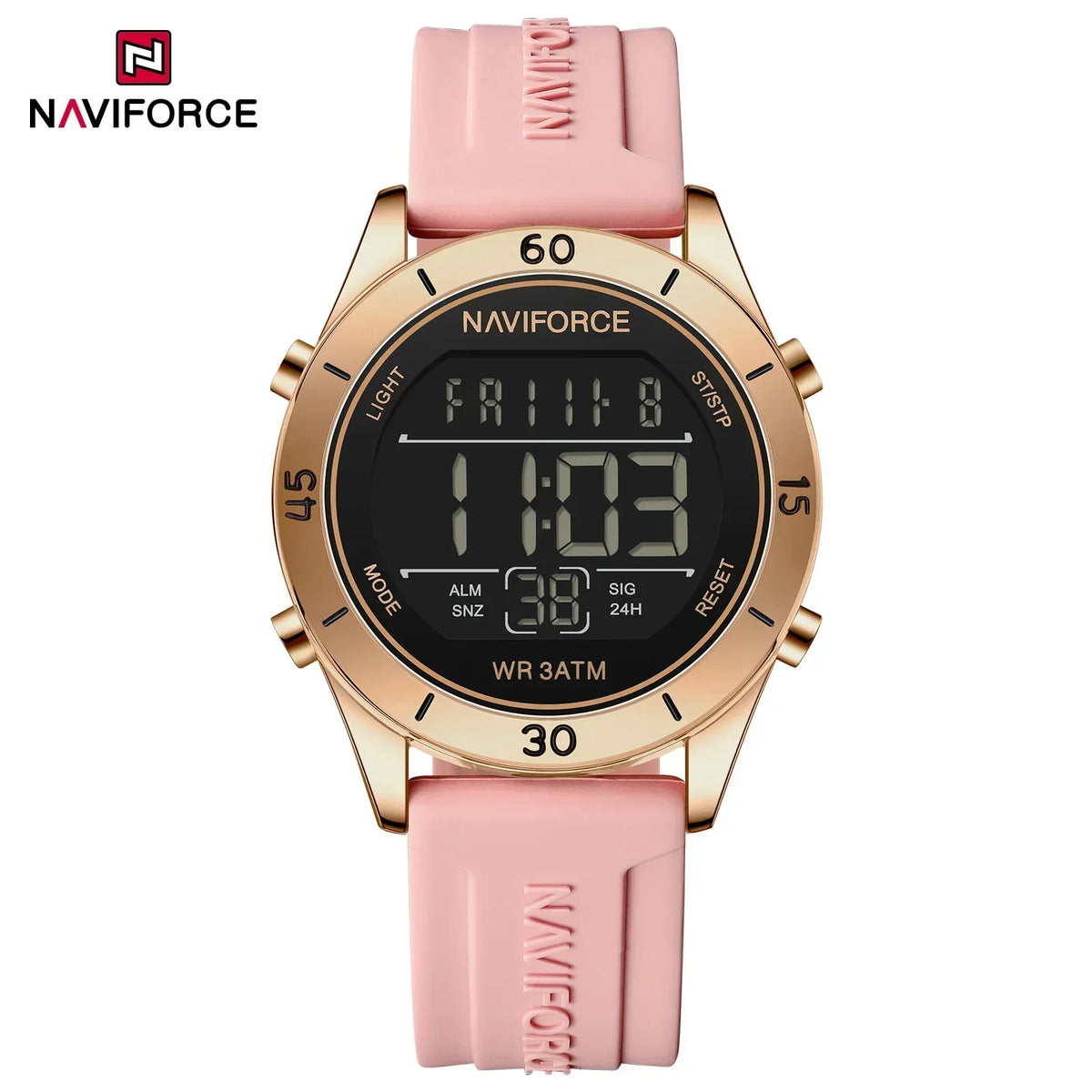 Reloj digital electrónico de moda para mujer NAVIFORCE con cronógrafo LED, luminoso, resistente al agua 5ATM y correa de silicona deportiva
