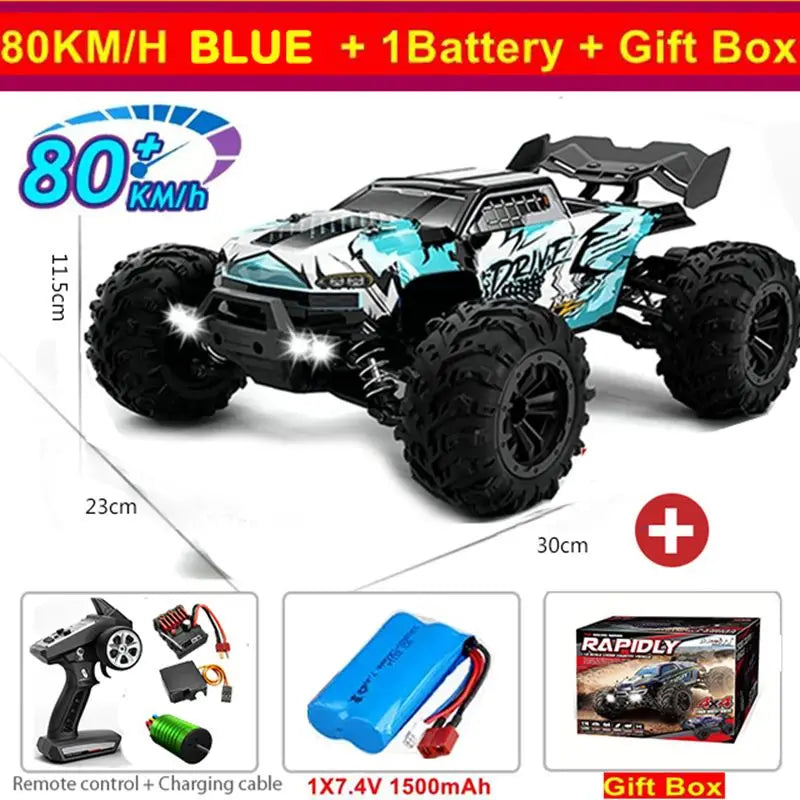Coches RC de 50 u 80 km/h, escala 1/16, todoterreno, derrape, 4WD con LED, control remoto 2.4G, camión monstruo impermeable, regalo de juguete para adultos y niños