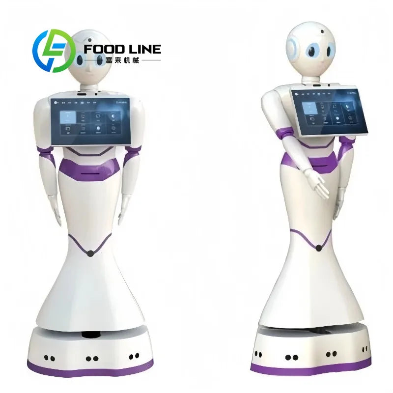 Par de robots humanoides blancos con pantalla frontal y detalles morados en el torso