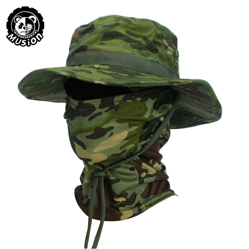 Conjunto de gorro de pescador con ala ancha y pasamontañas de camuflaje Musion para hombre, gorra tipo boonie para exteriores, sombrero de protección solar para pesca
