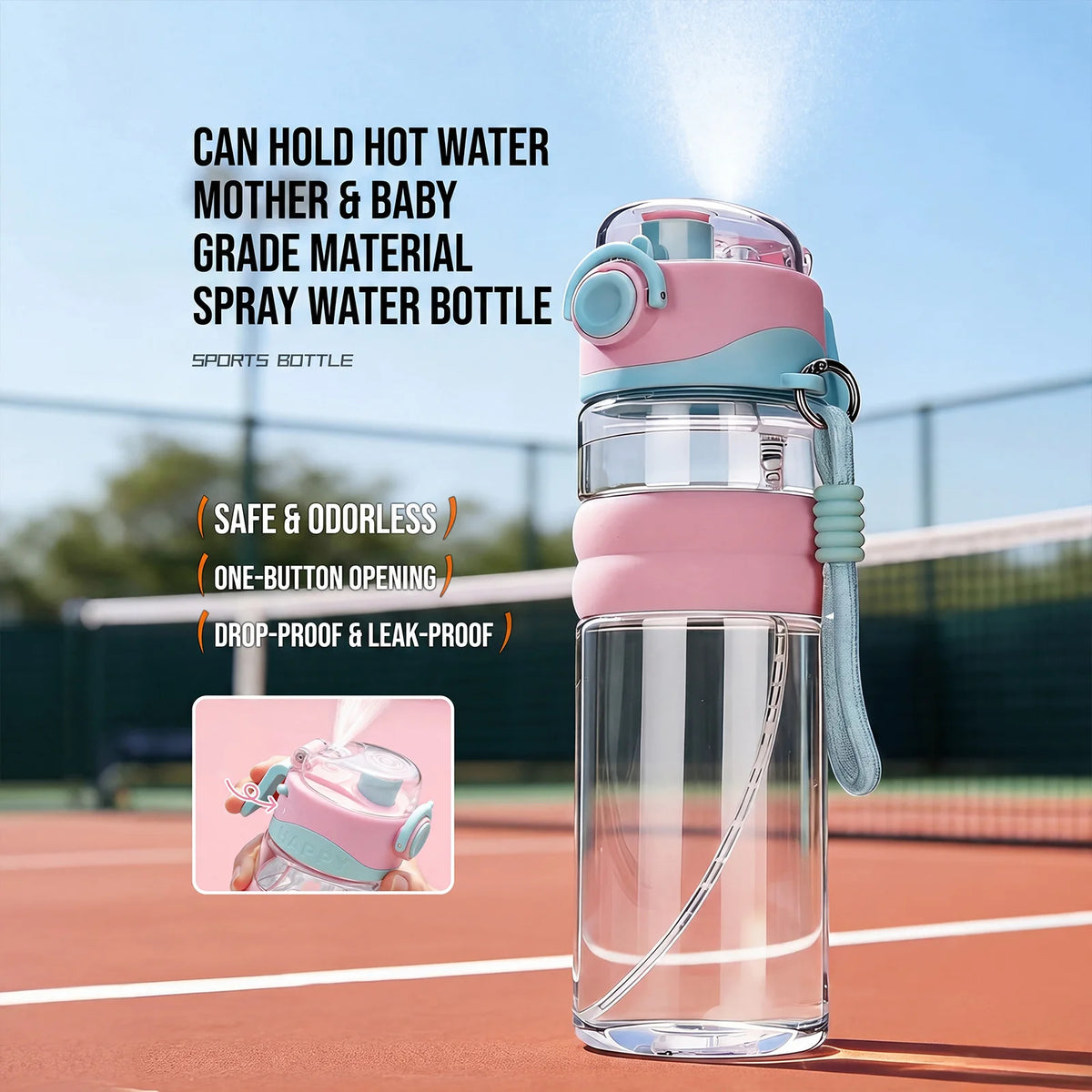 Botella de agua para niños de 750 ml, botella de agua deportiva con pulverizador y pajita, botellas de agua portátiles para viajes al aire libre, oficina, caminatas