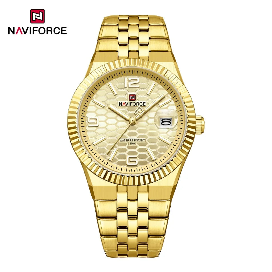 Reloj NAVIFORCE para hombre, de negocios, con esfera redonda, acero inoxidable, textura de panal, fecha, manecillas luminosas, cuarzo resistente al agua