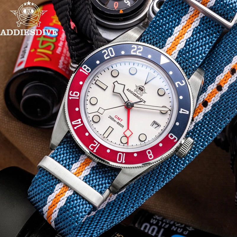 Reloj GMT de lujo para hombre ADDIESDIVE AD2044, cristal de burbuja, cuarzo suizo Ronda, reloj de negocios para hombre, resistente al agua 200 m, luminiscencia BGW9