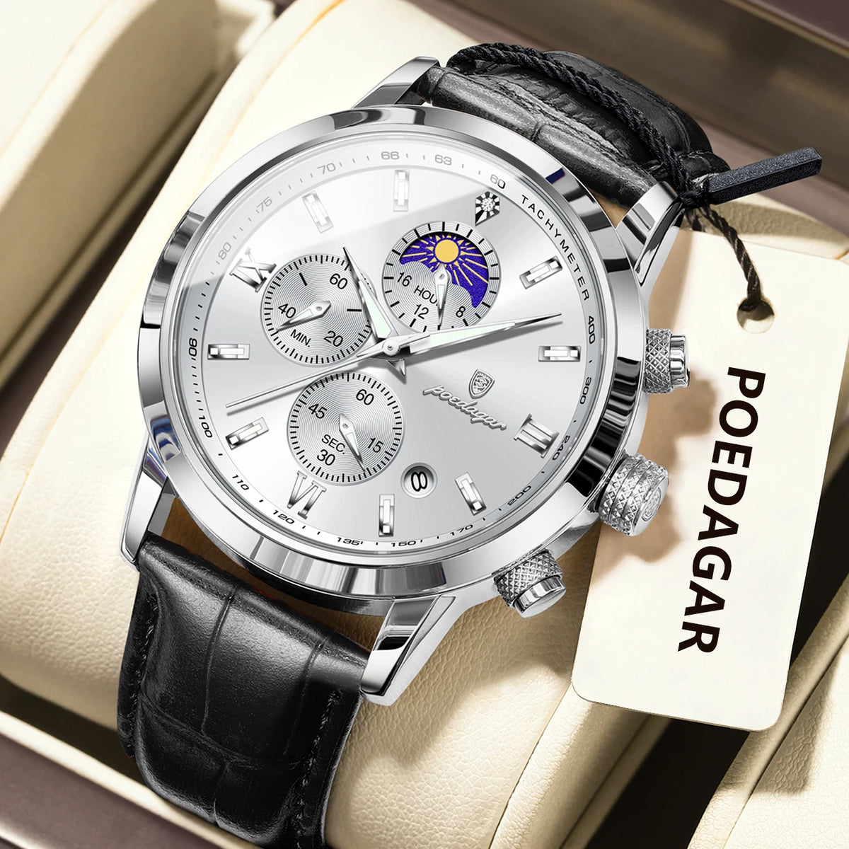 Reloj de pulsera original para hombre POEDAGAR, cronógrafo, con fecha, luminoso, resistente al agua, reloj de lujo de cuarzo con correa de piel para hombre