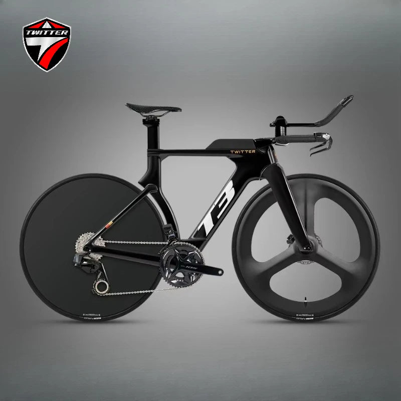 Bicicleta de carretera TWITTER T3 TT Racing de fibra de carbono, con cambio electrónico inalámbrico WheelTop TX-TT7110-2*12S y frenos de disco hidráulicos
