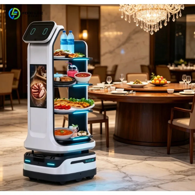 Robot autónomo de reparto de comida con pantalla y bandejas apiladas