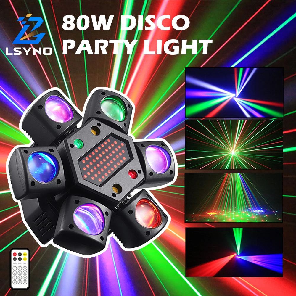 Luz de discoteca móvil de 80W con 6 brazos, LED mini haz con control remoto, efecto de escenario DMX para DJ, eventos en bares, cumpleaños, espectáculos en vivo y clubes
