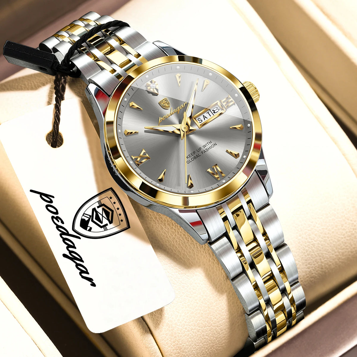 Reloj de pulsera informal POEDAGAR para mujer, resistente al agua, con fecha, semana, luminoso, de acero inoxidable, reloj de moda para mujer