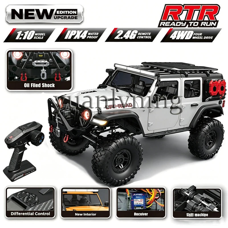 Coche RC 1/10 vehículo a control remoto 2.4G rock crawler de escala completa, camión todoterreno 4WD para escalar con luz LED