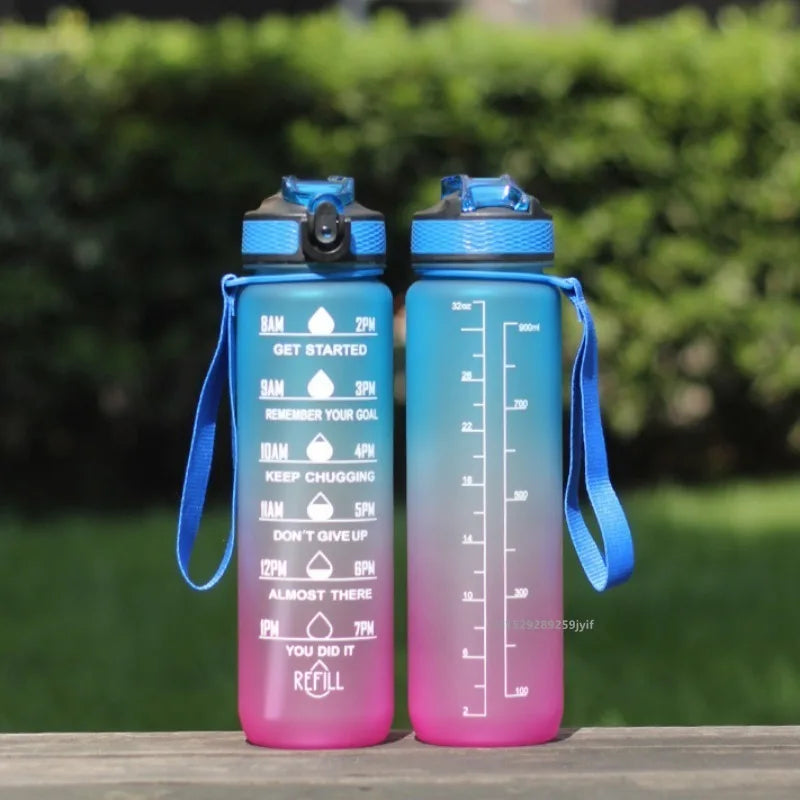 Botella de Agua de Plástico de 1000 ml con Degradado de Color y Pajita, Botella de Agua Deportiva a Prueba de Fugas para Viajes al Aire Libre, Fitness y Ciclismo