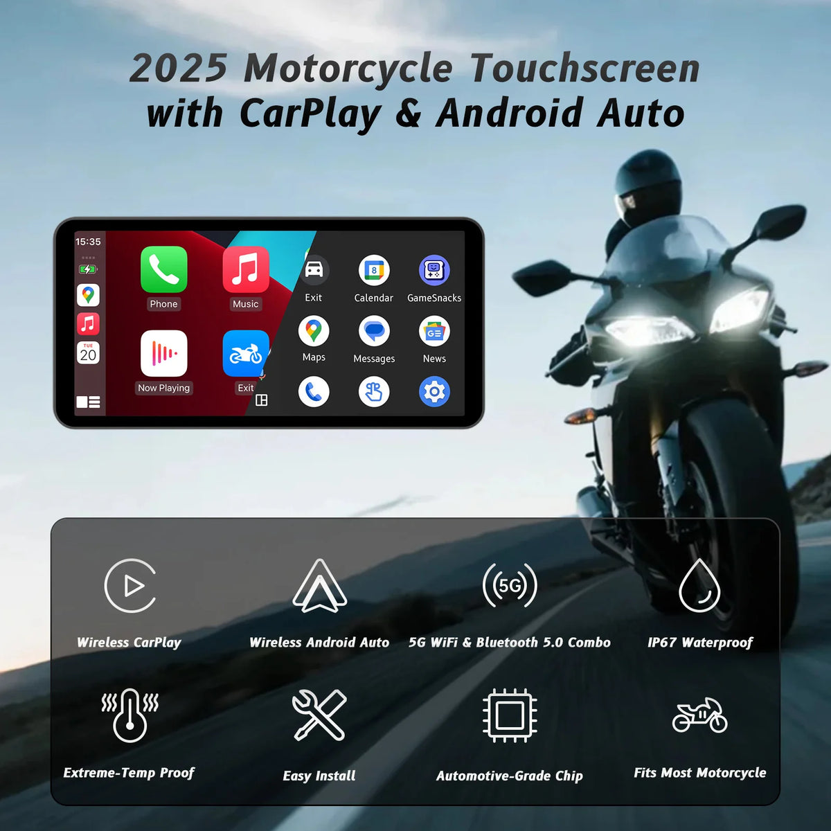 6-Inch Motorcycle Smart Display – Wireless CarPlay & Android Auto | Bluetooth Voice Control | IP67 Waterproof | HD Touchscreen |