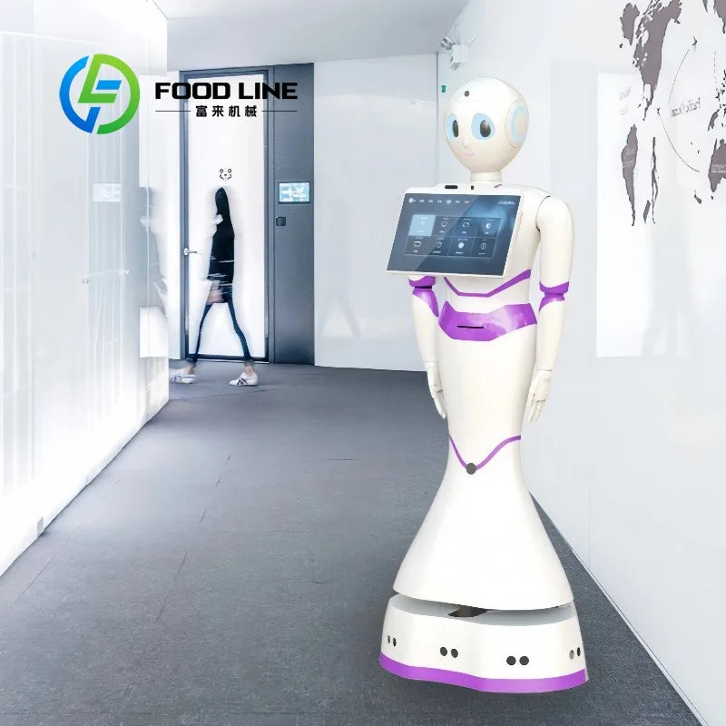 Robot humanoide blanco con pantalla frontal y base morada, ubicado de pie