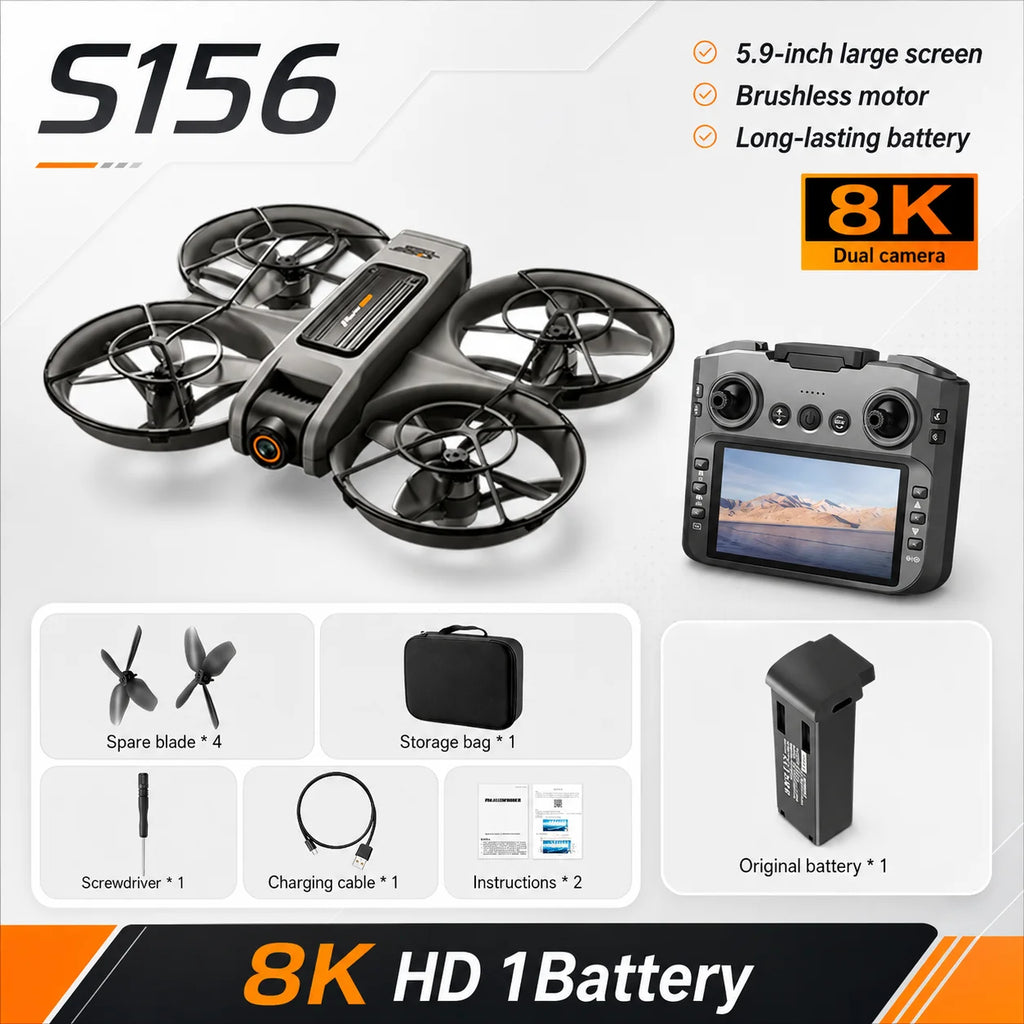 Kit de dron RC con 4 hélices, controlador con pantalla y batería de repuesto.