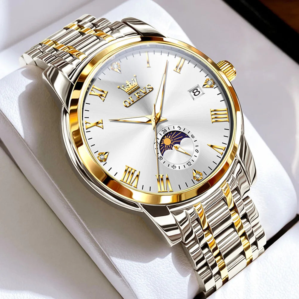 Reloj de hombre OLEVS 3656 de marca, reloj de cuarzo original a la moda para hombre, reloj de pulsera luminoso de acero inoxidable resistente al agua con fase lunar