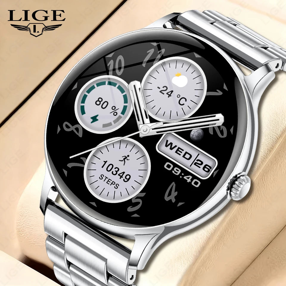 Nuevo reloj inteligente de acero para hombre, llamada Bluetooth, pantalla táctil completa, frecuencia cardíaca, monitoreo de sueño, resistente al agua, reloj inteligente deportivo para mujer