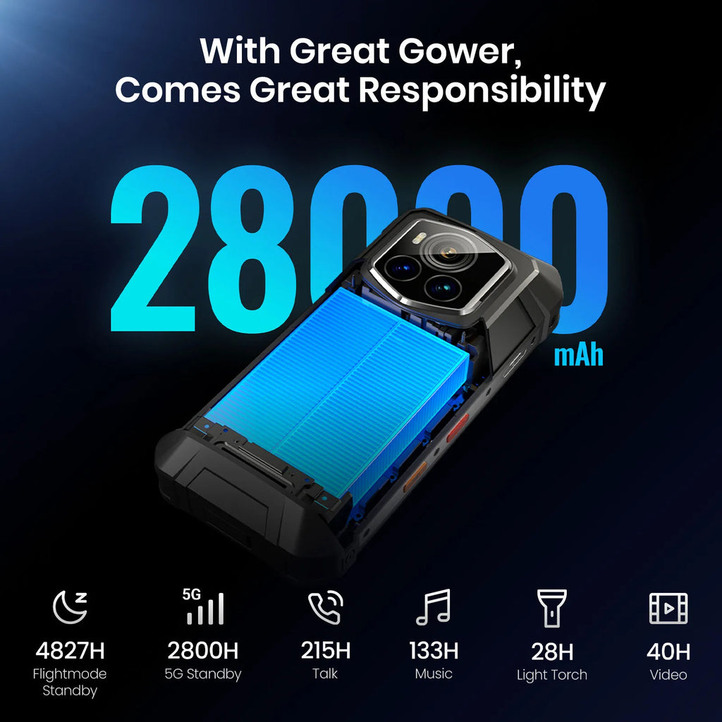 Teléfono móvil resistente Fossibot F107 Pro 5G 30(12+18)GB+512GB Android 15 28000mAh 66W 200MP+32MP NFC/GPS con doble linterna brillante
