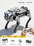 Perro robot mecánico gris con luces azules, control remoto y accesorios mostrados