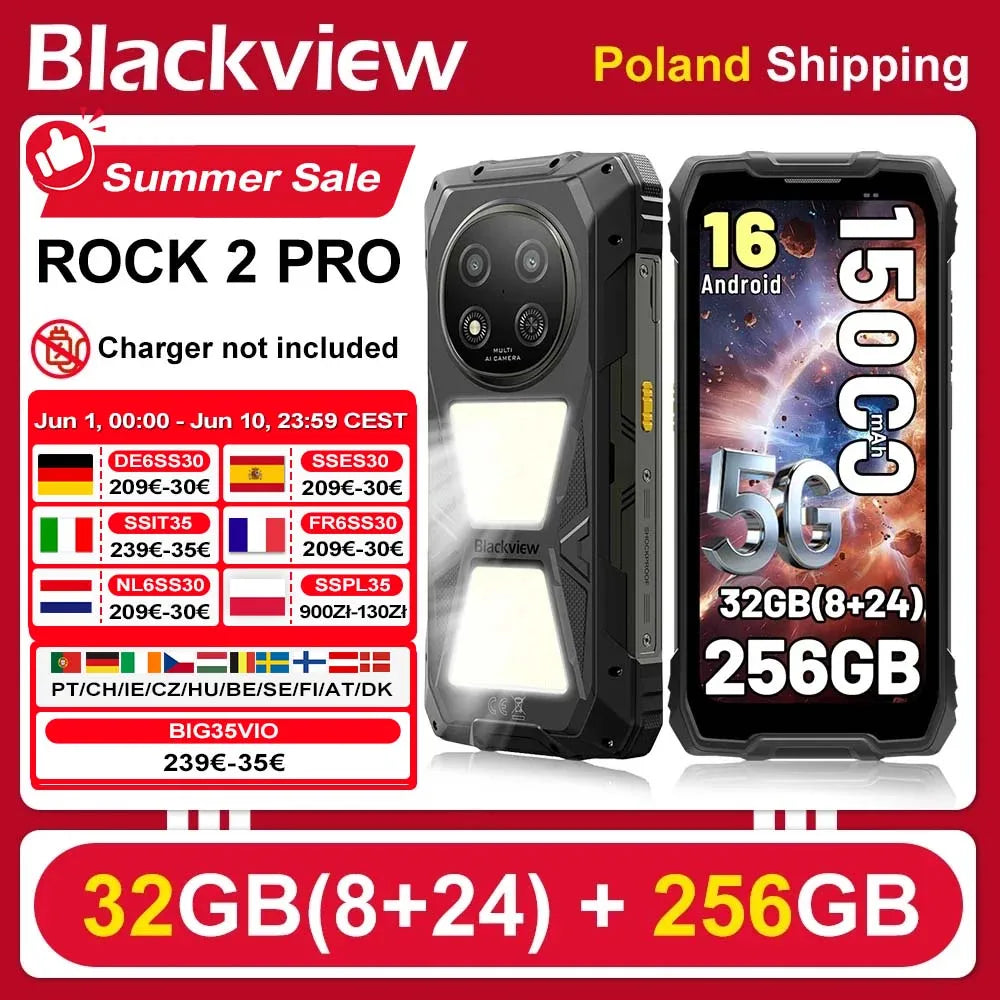[Envío desde Polonia] [Sin cargador de la UE] Smartphone resistente Blackview ROCK 2 Pro 8GB+256GB 6,67 pulgadas IPS Android 16 15000mAh 33W 5G