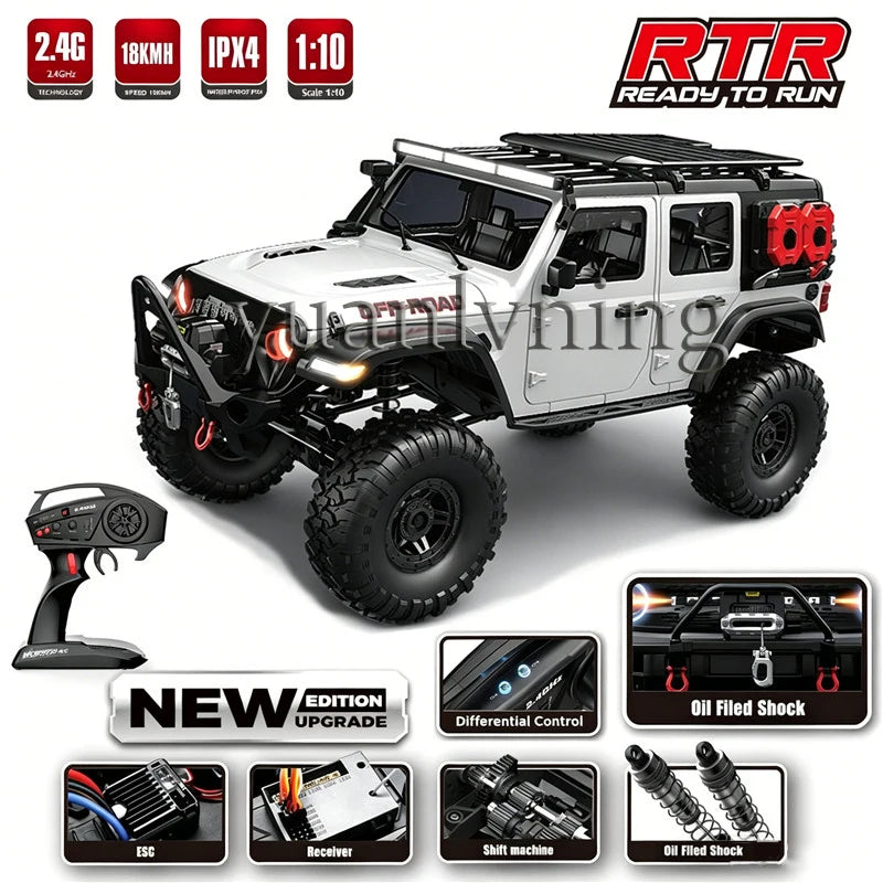 Coche RC 1/10 vehículo a control remoto 2.4G rock crawler de escala completa, camión todoterreno 4WD para escalar con luz LED
