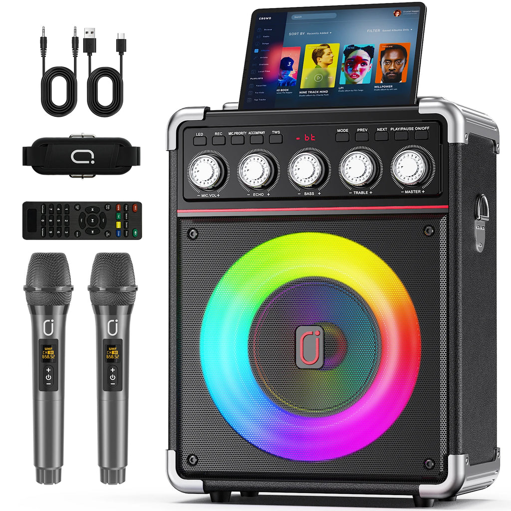 Máquina de Karaoke TX05 con 2 micrófonos inalámbricos, altavoz portátil con sistema de Karaoke con luz RGB para soporte de caja de fiesta en casa, TWS