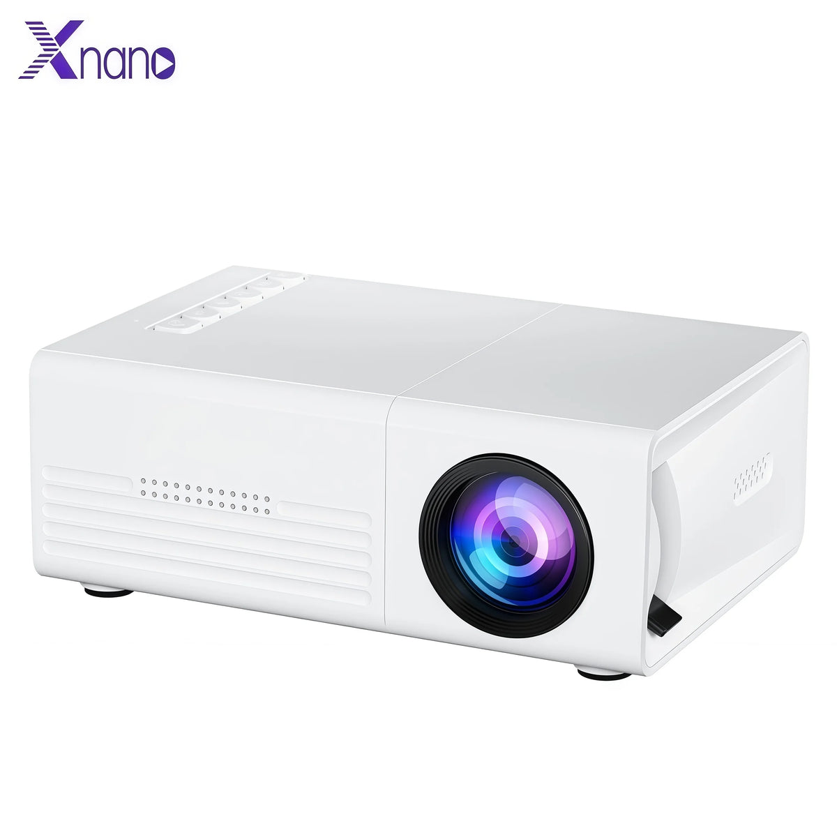 Proyector portátil blanco compacto con lente frontal y rejillas de ventilación