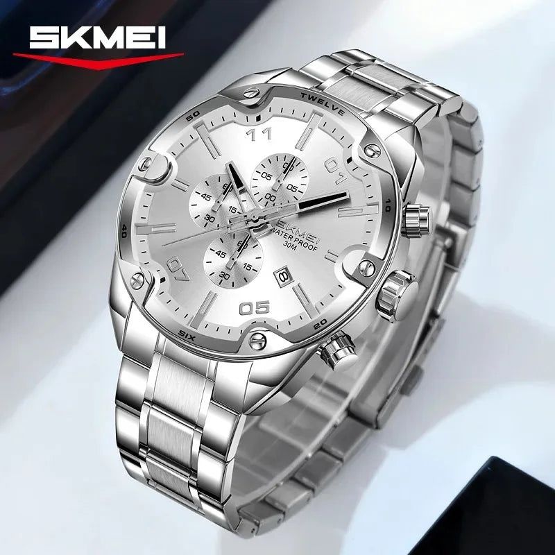 Reloj de lujo para hombre SKMEI 9387, reloj de pulsera de negocios, reloj de cuarzo casual a la moda, cronógrafo de acero inoxidable resistente al agua con fecha