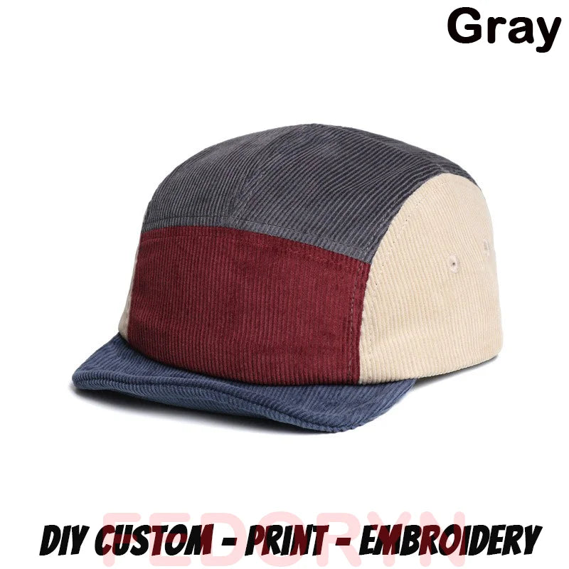 Gorra de béisbol Fedoryn de pana retro con ala corta, bordado personalizado, parche multicolor, 5 paneles, para hombres y mujeres, gorra con logotipo personalizable