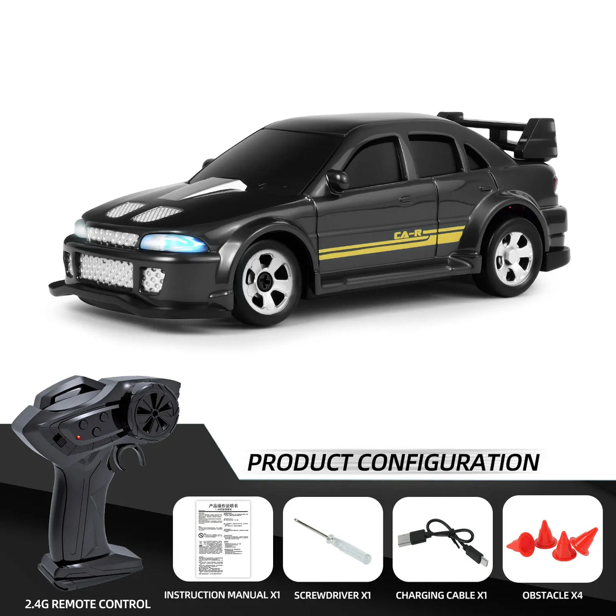 Coche RC 1/64, 2.4G 4WD, coche de carreras a escala mini de alta velocidad para escritorio, tracción en las cuatro ruedas, modelo de carreras GTR a control remoto, juguete para niños