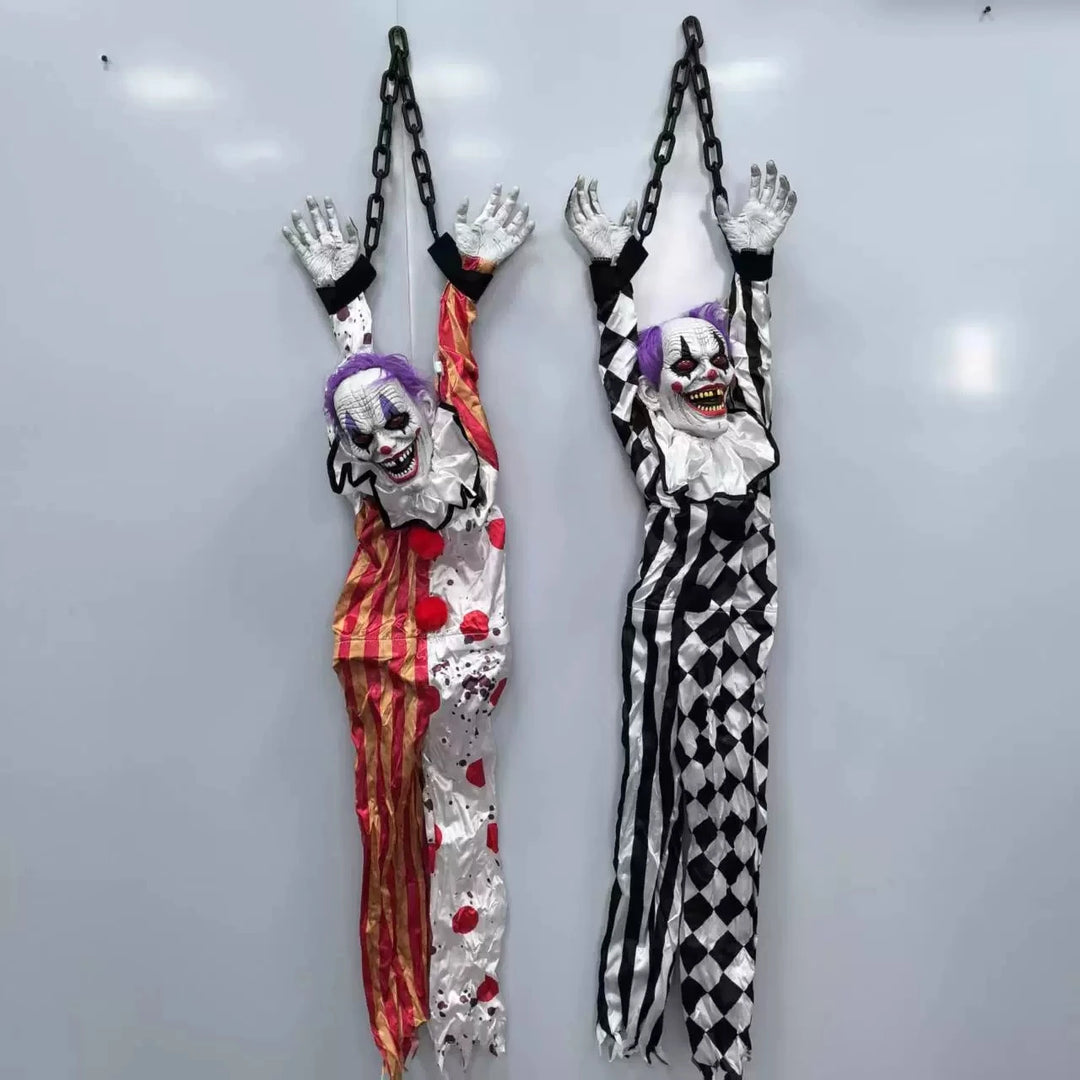 Accesorios para Fiesta de Halloween: Payaso Colgante Animado con Cadena, Ojos Brillantes y Sonido Espeluznante para Decoración de Casa Embrujada o Jardín Exterior