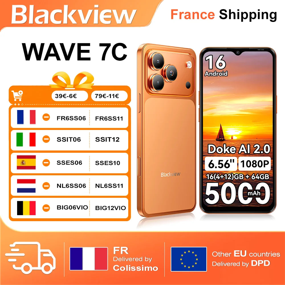 Smartphone Blackview WAVE 7C 16(4+12)GB+64GB 6,56 pulgadas HD+5000mAh Android 16 Doke AI 2.0 vídeo 1080P (funda protectora de TPU de regalo)