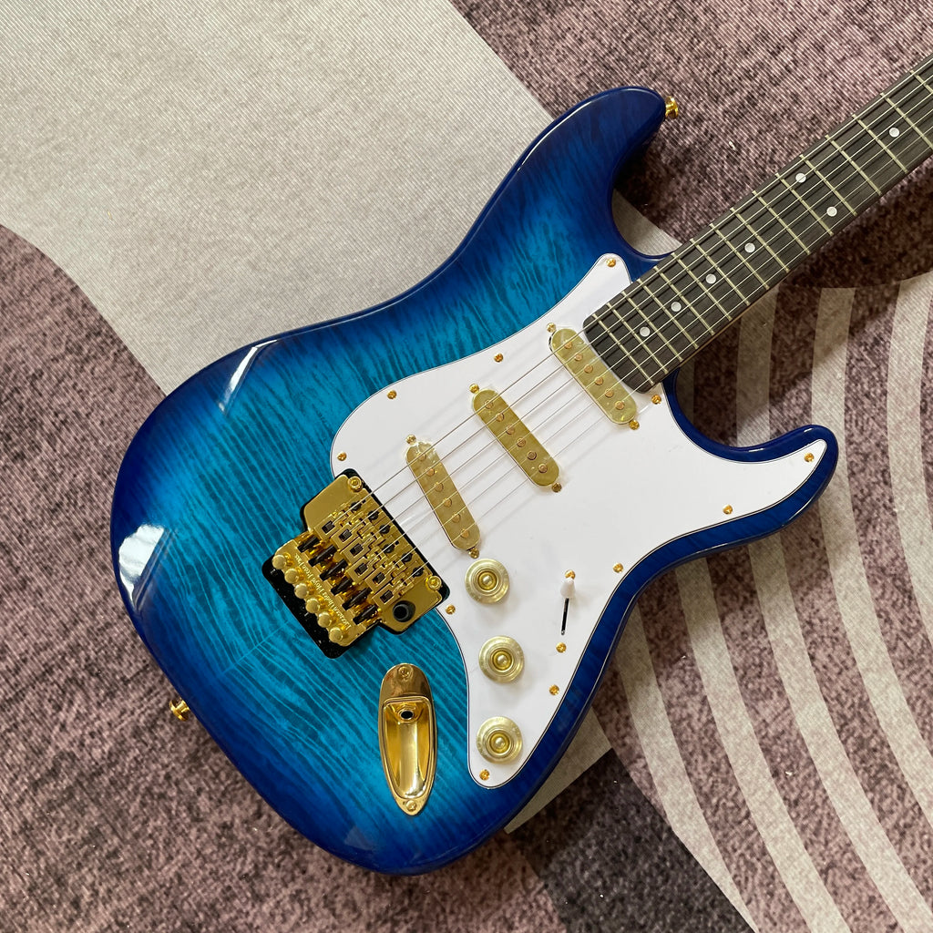 Guitarra Eléctrica Azul ST con Herrajes Dorados, Barra de Trémolo, Diapasón de Palisandro, Envío Rápido