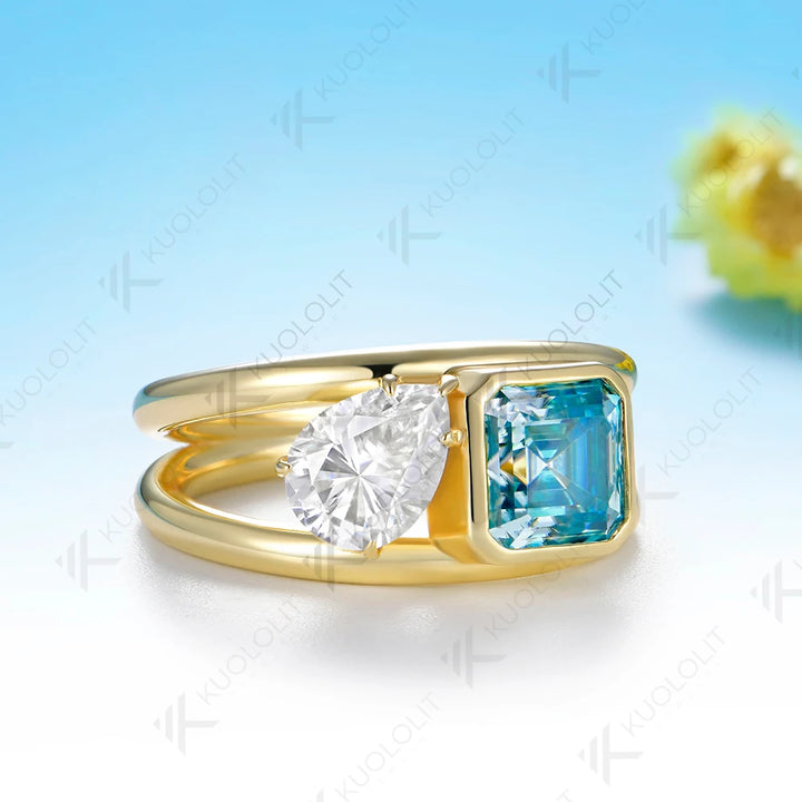 Anillo de Moissanita Cian Kuololit con Corte Asscher y Diseño Personalizado para Mujer, Oro Amarillo Sólido 14K 10K 585, para Regalo de Navidad o Aniversario