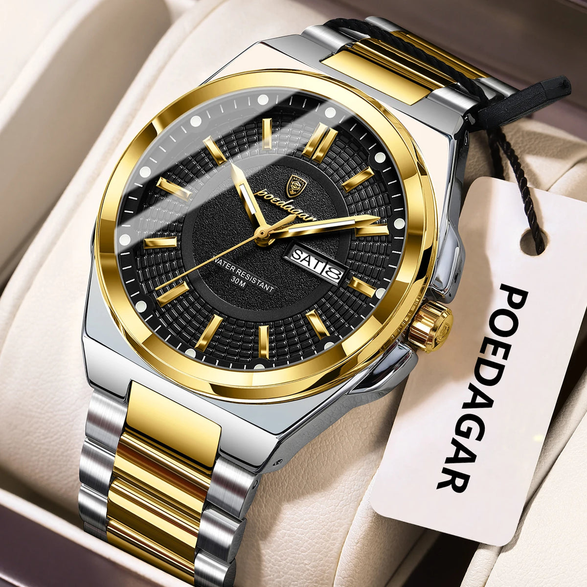 Reloj de pulsera deportivo original POEDAGAR para hombre, de cuarzo, fecha, semana, de lujo, resistente al agua, luminoso, de acero inoxidable