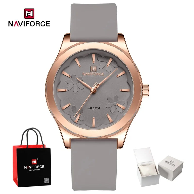 Relojes de moda sencillos para mujer NAVIFORCE, reloj de cuarzo resistente al agua con correa de silicona suave, diseño exquisito y único, caja de regalo.