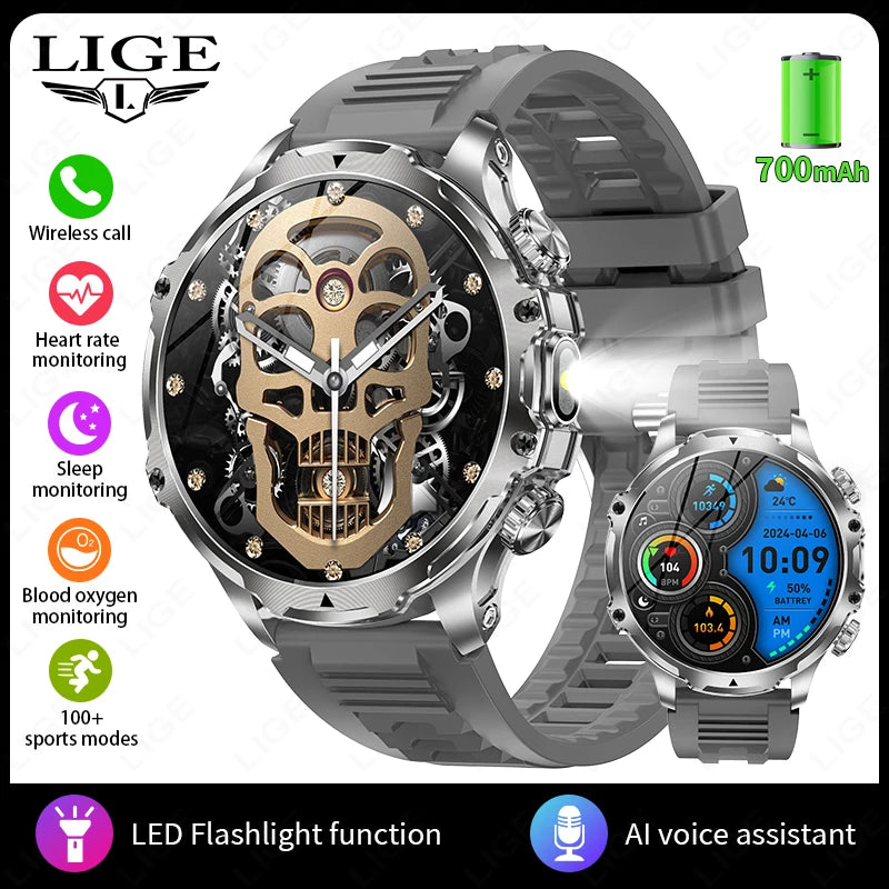 Reloj inteligente deportivo para exteriores LIGE AK75 para hombre, linterna, batería grande de 700 mAh, llamadas por Bluetooth, luz LED, rastreador de actividad física, reloj inteligente